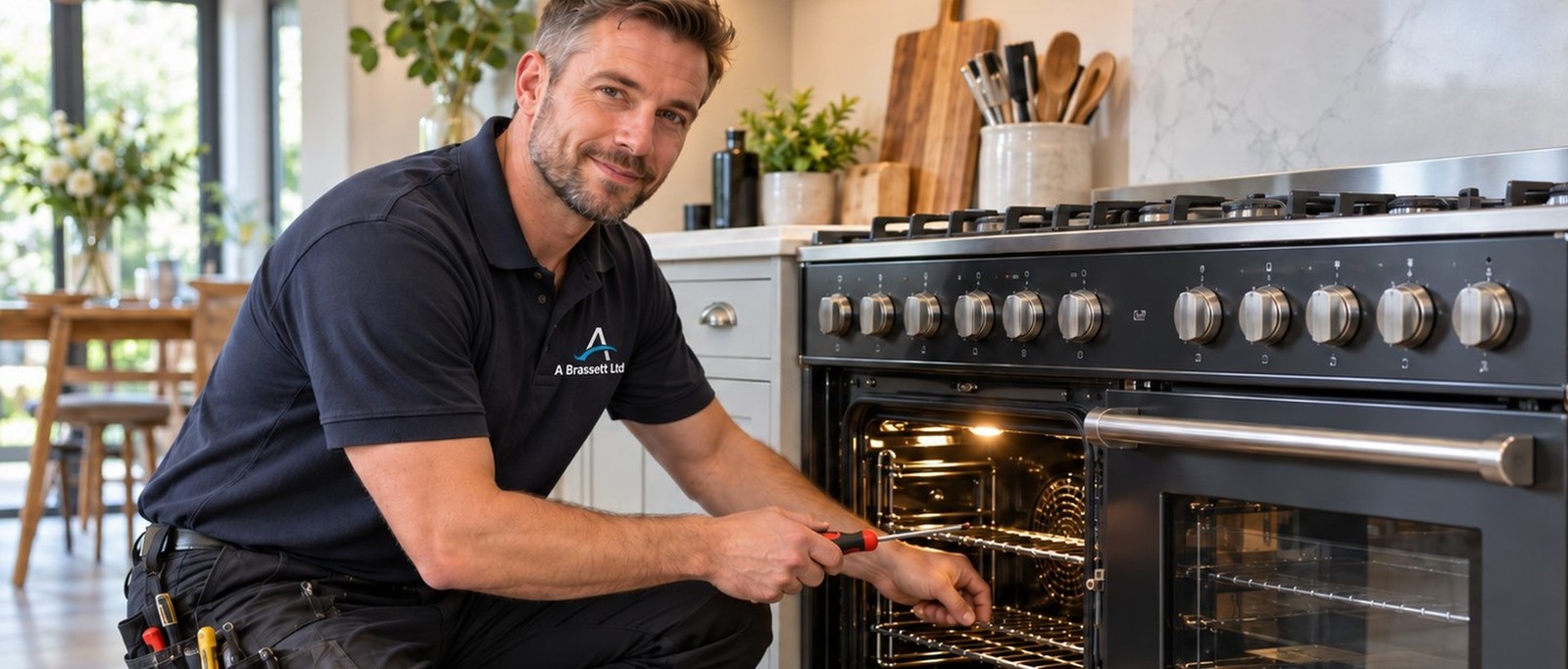 A Brassett Ltd engineer working on a electric cooker