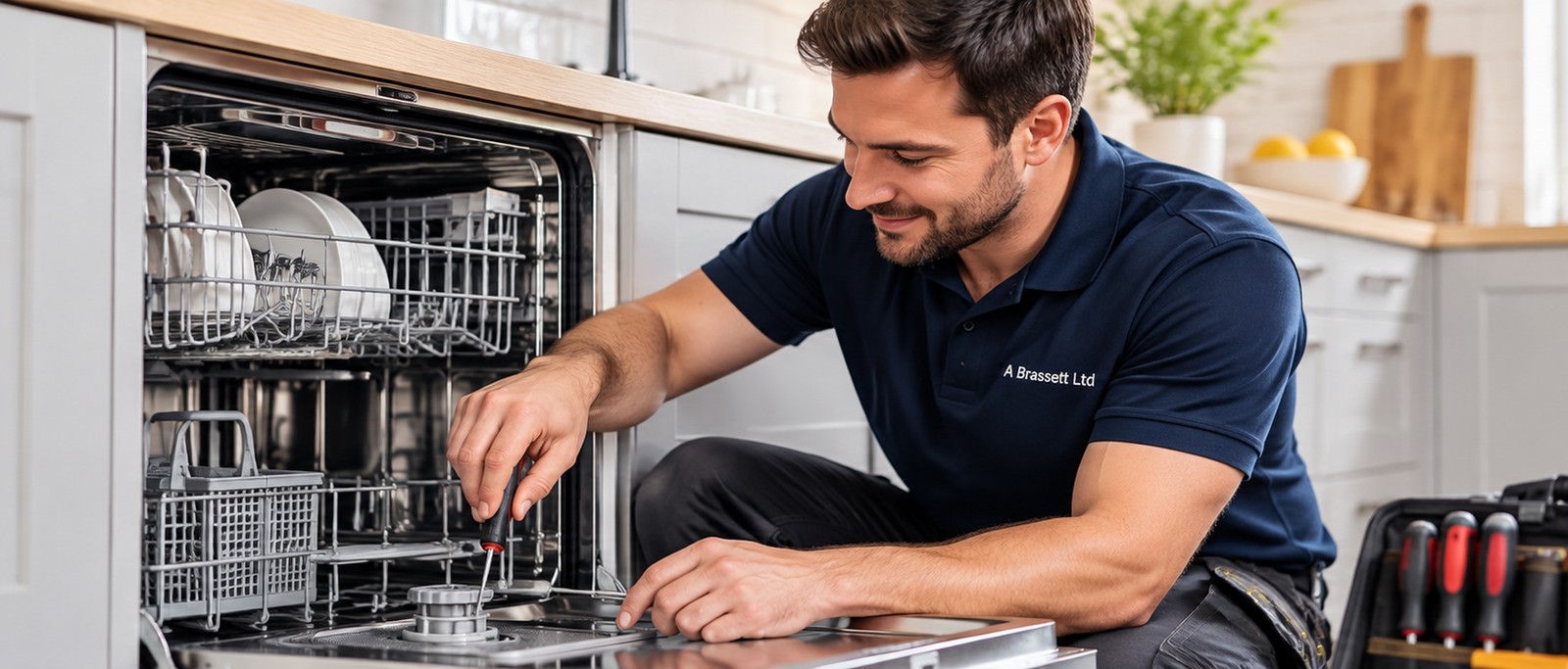 A Brassett Ltd engineer working on a dishwasher