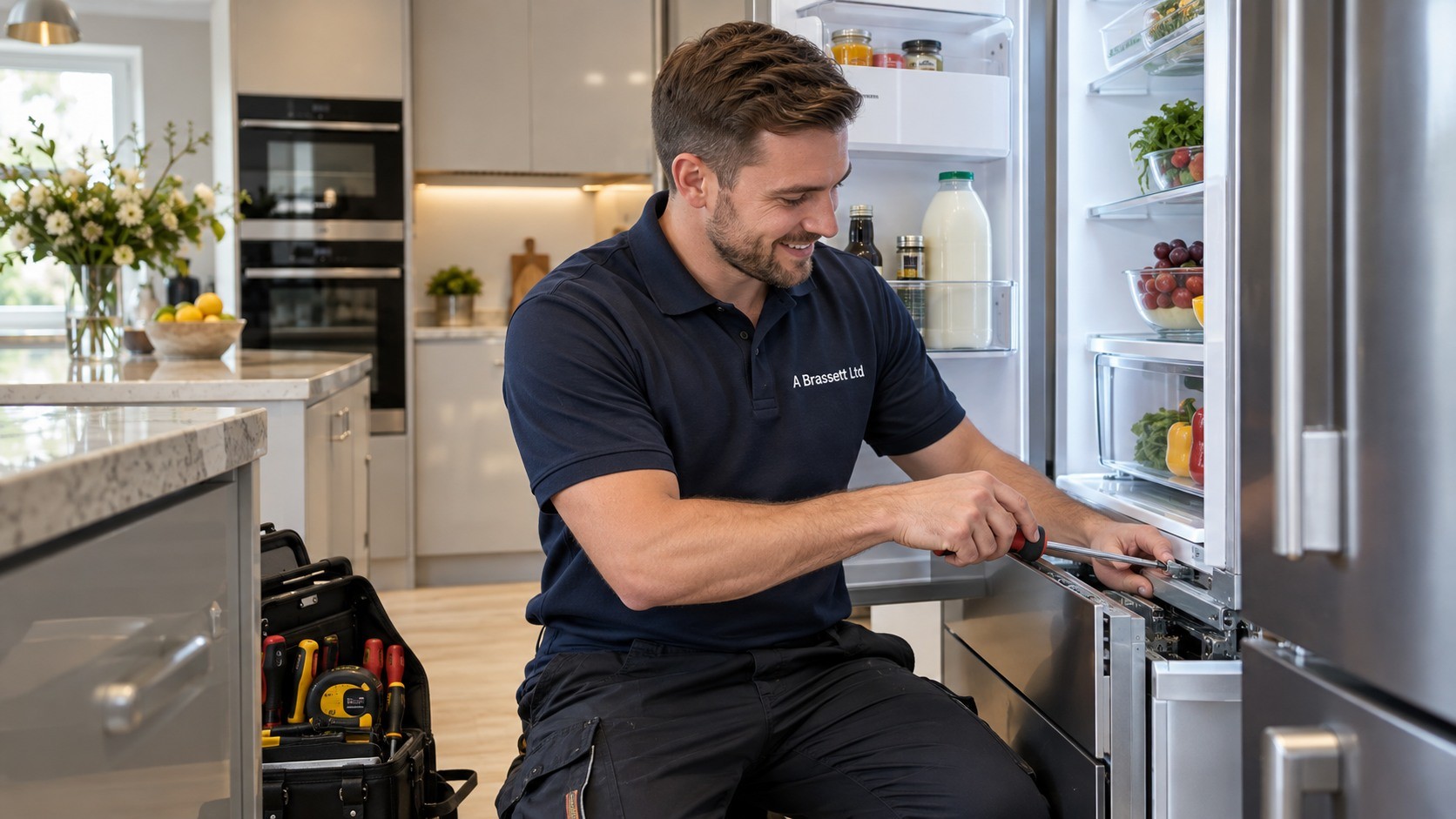 A Brassett Ltd engineer working on a fridge