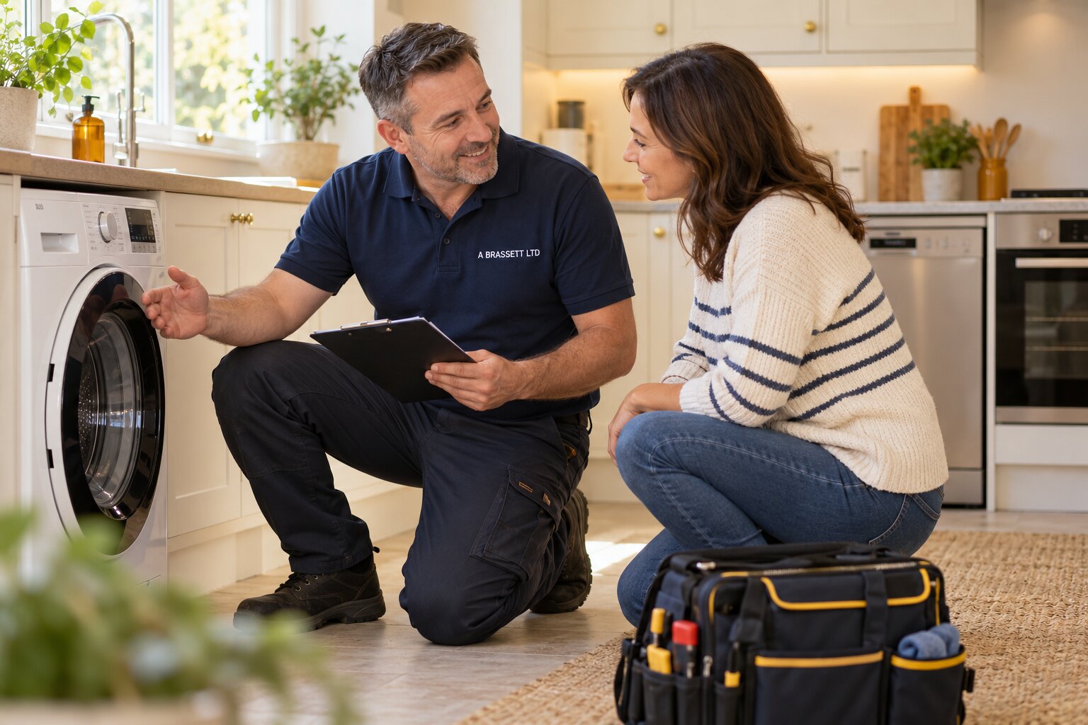 Illustrative A Brassett engineer discussing a washing machine repair in a home