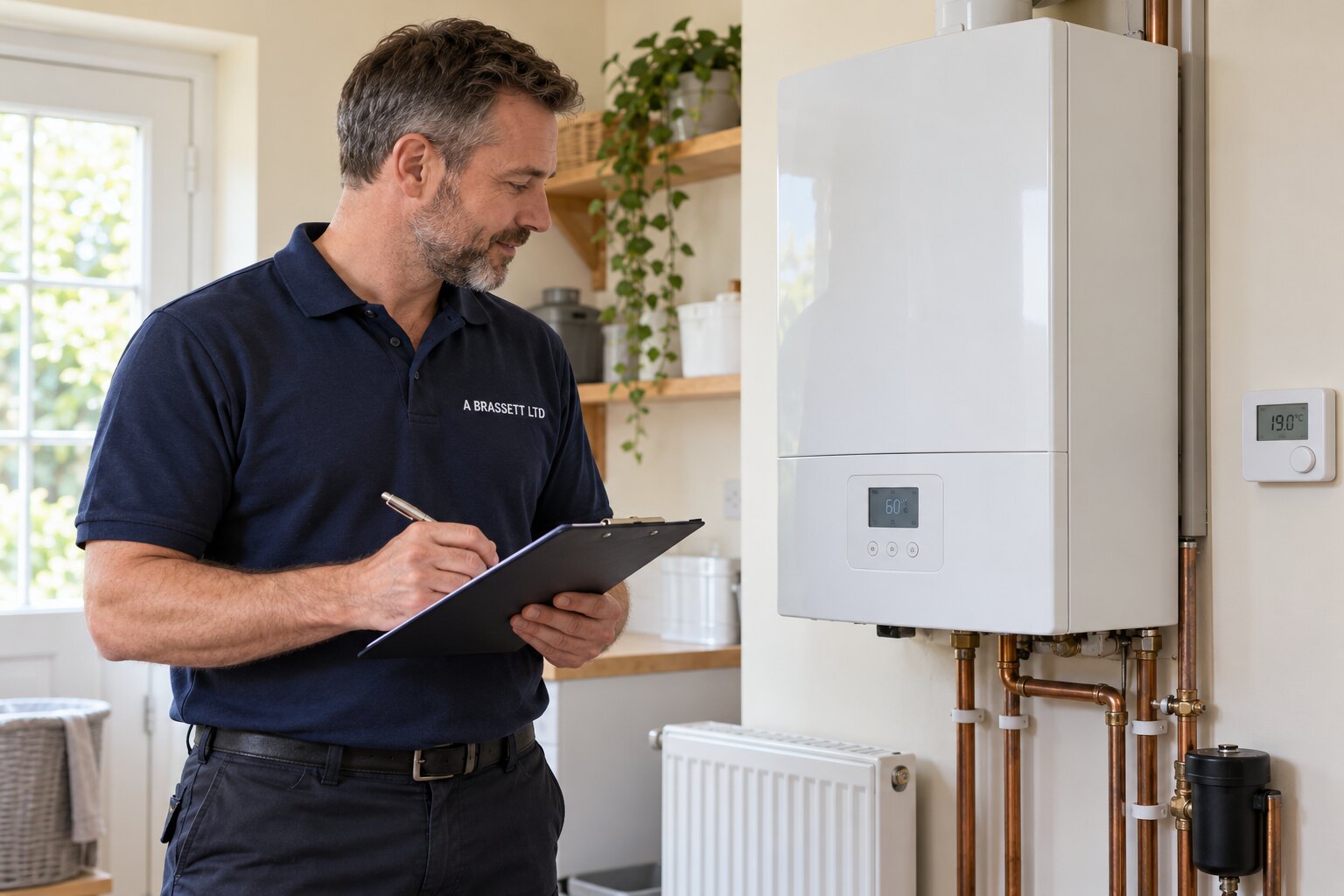 Illustrative A Brassett engineer noting symptoms beside a boiler with its casing closed