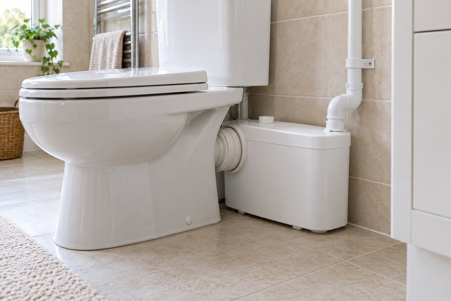 Illustrative compact white toilet macerator in a bright bathroom