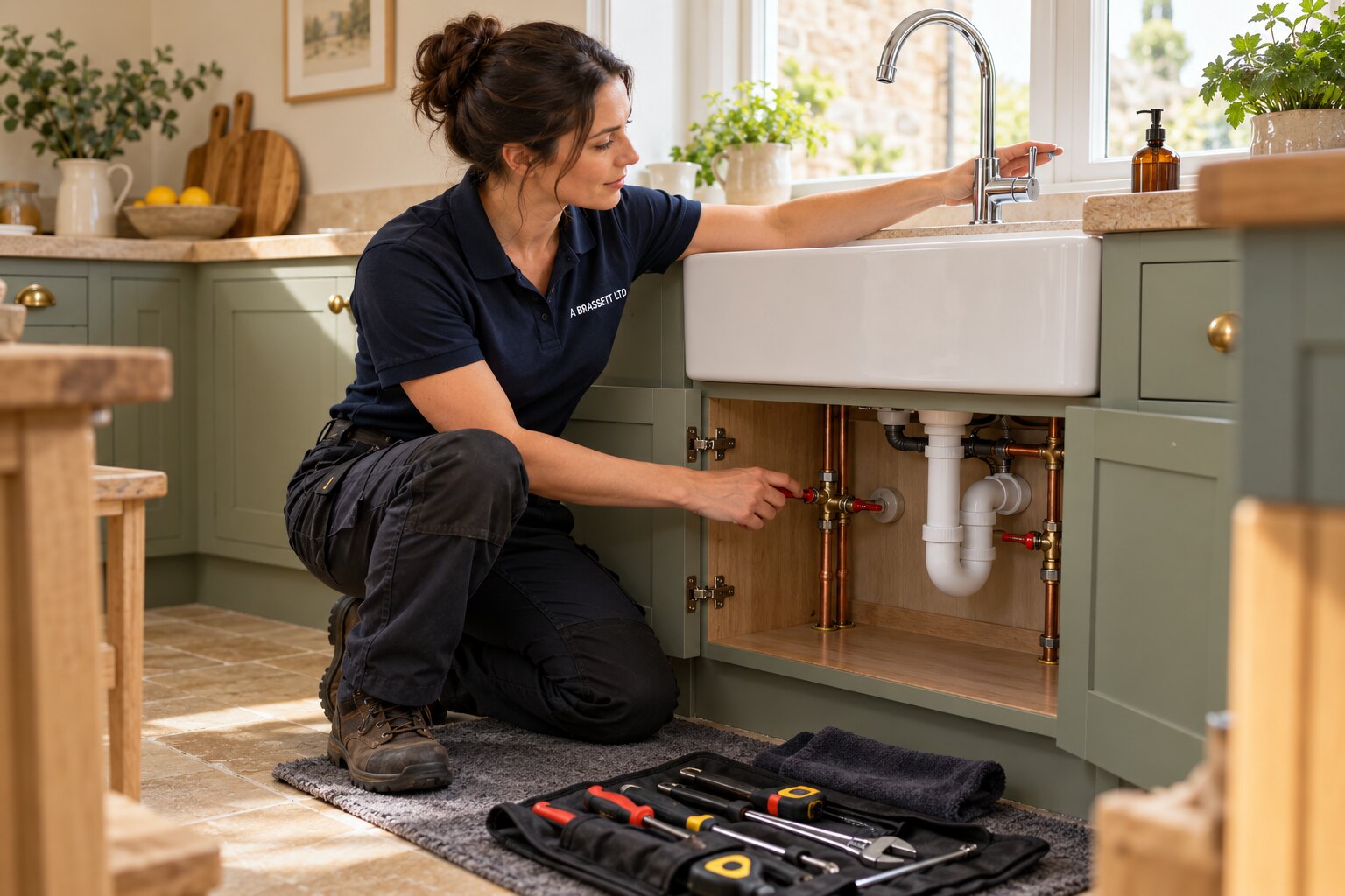 Illustrative A Brassett plumber examining a kitchen tap and accessible sink pipework