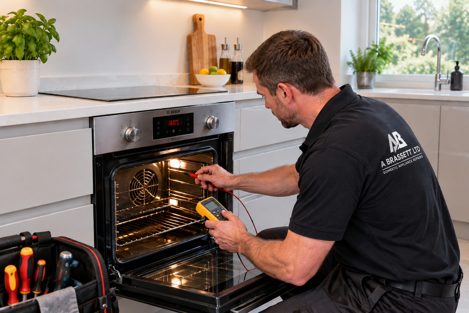 Electric oven and cooker repair engineer carrying out diagnostic testing in a modern kitchen