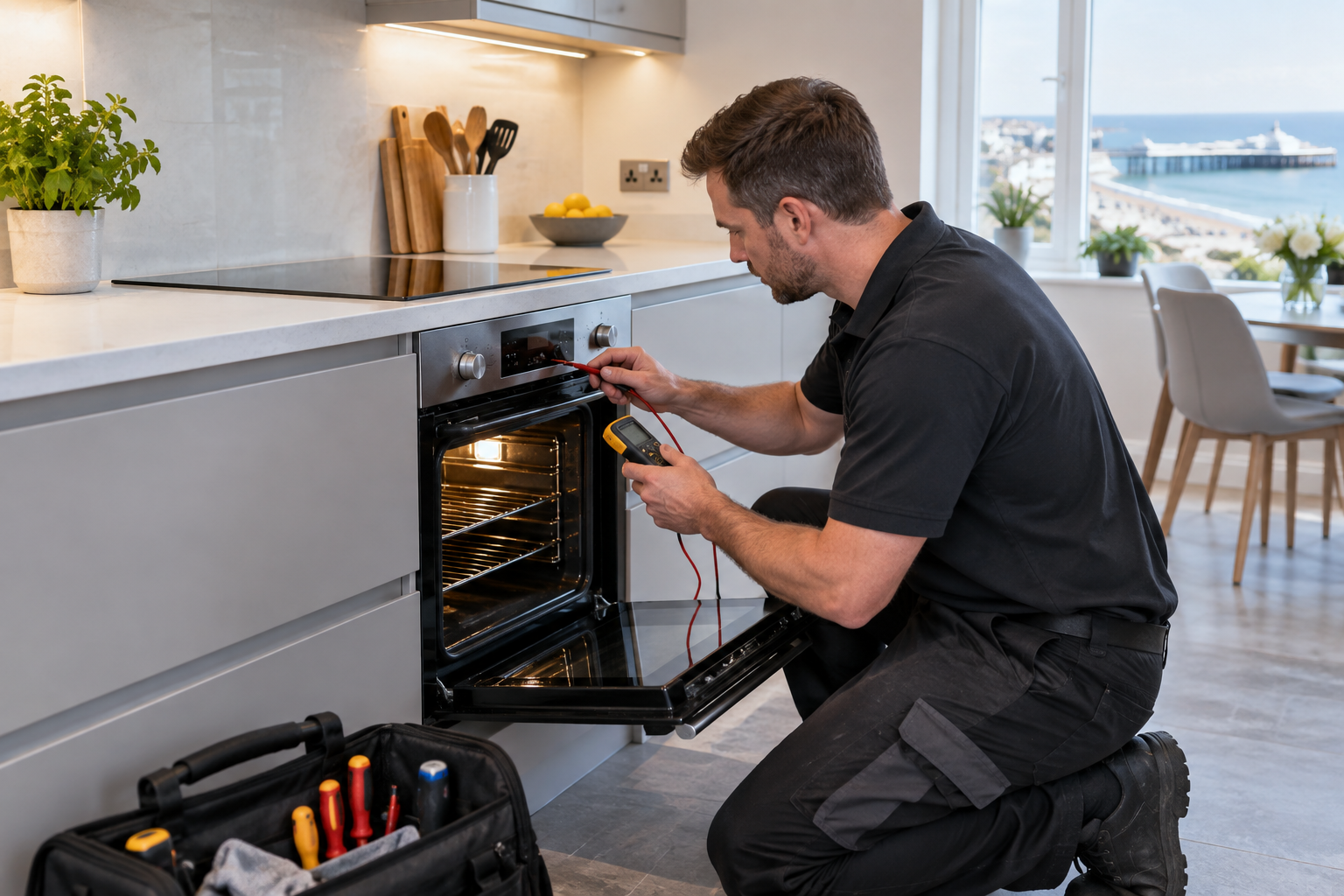 Electric oven and cooker repair engineer carrying out diagnostic testing in a modern kitchen