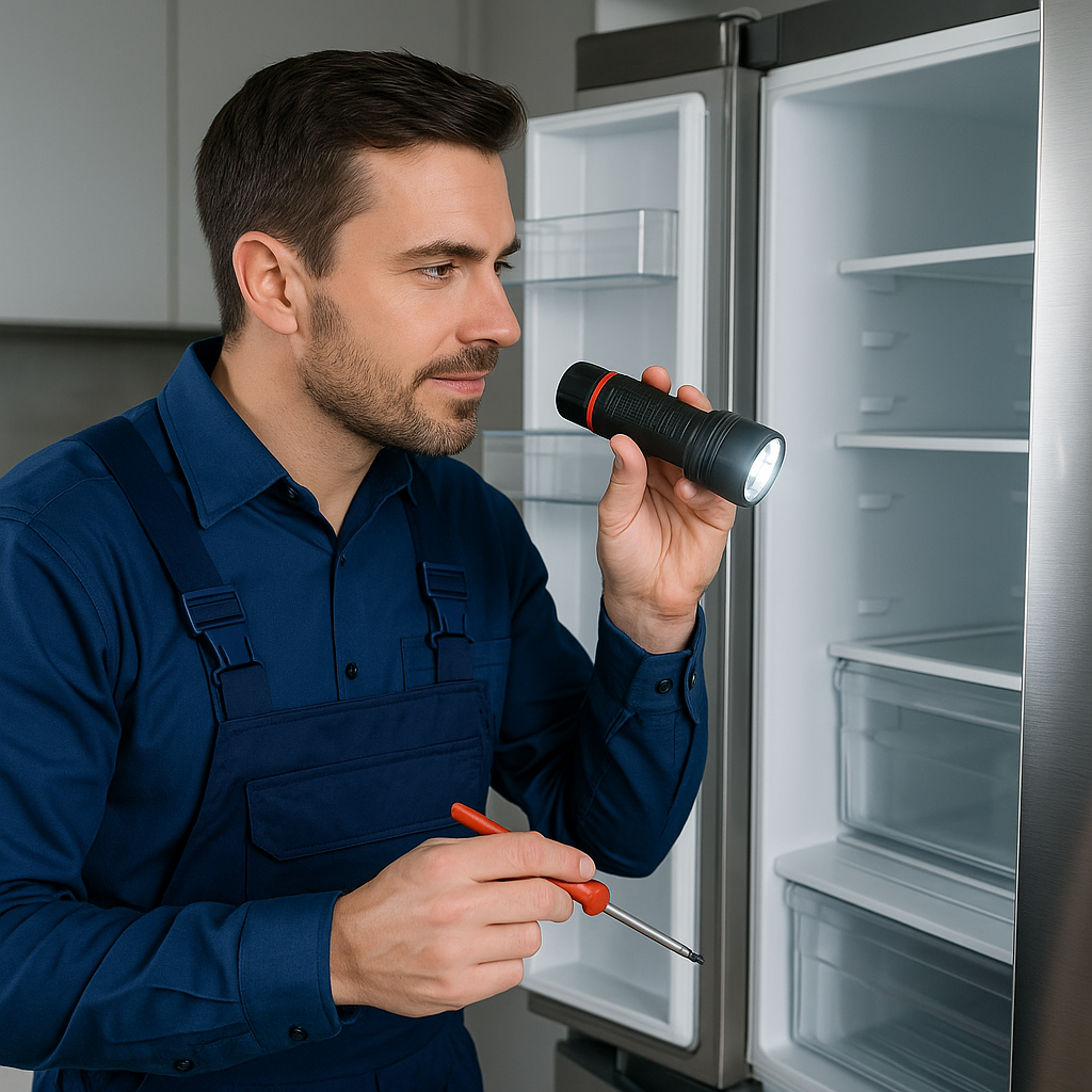 Engineer servicing a fridge freezer with temperature issues