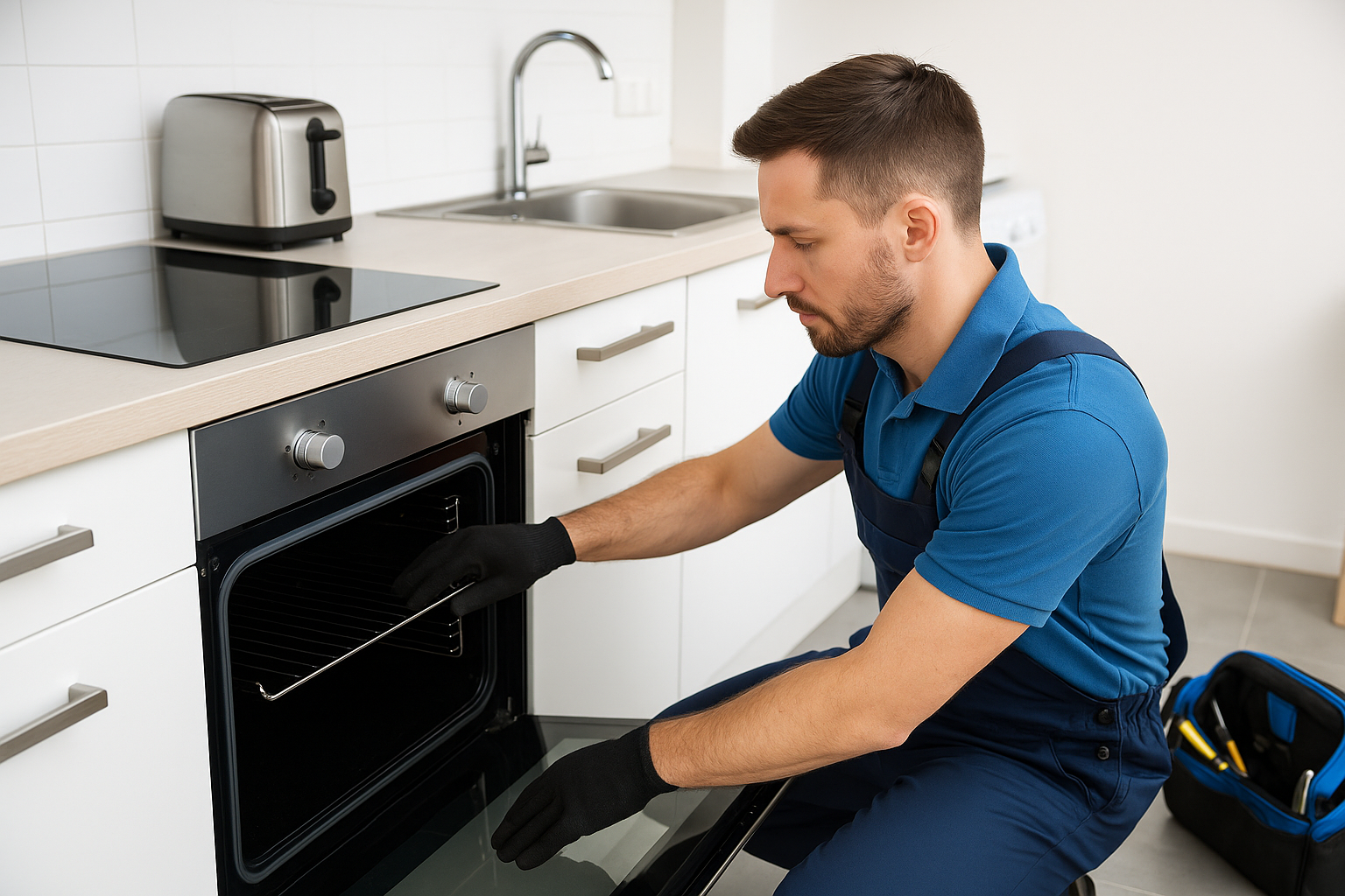 Engineer testing an electric oven and ceramic hob