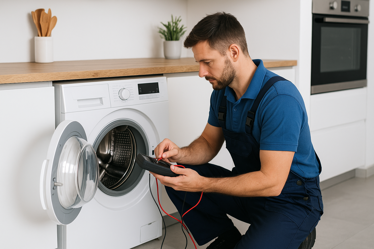 Engineer repairing a washing machine in Brighton kitchen