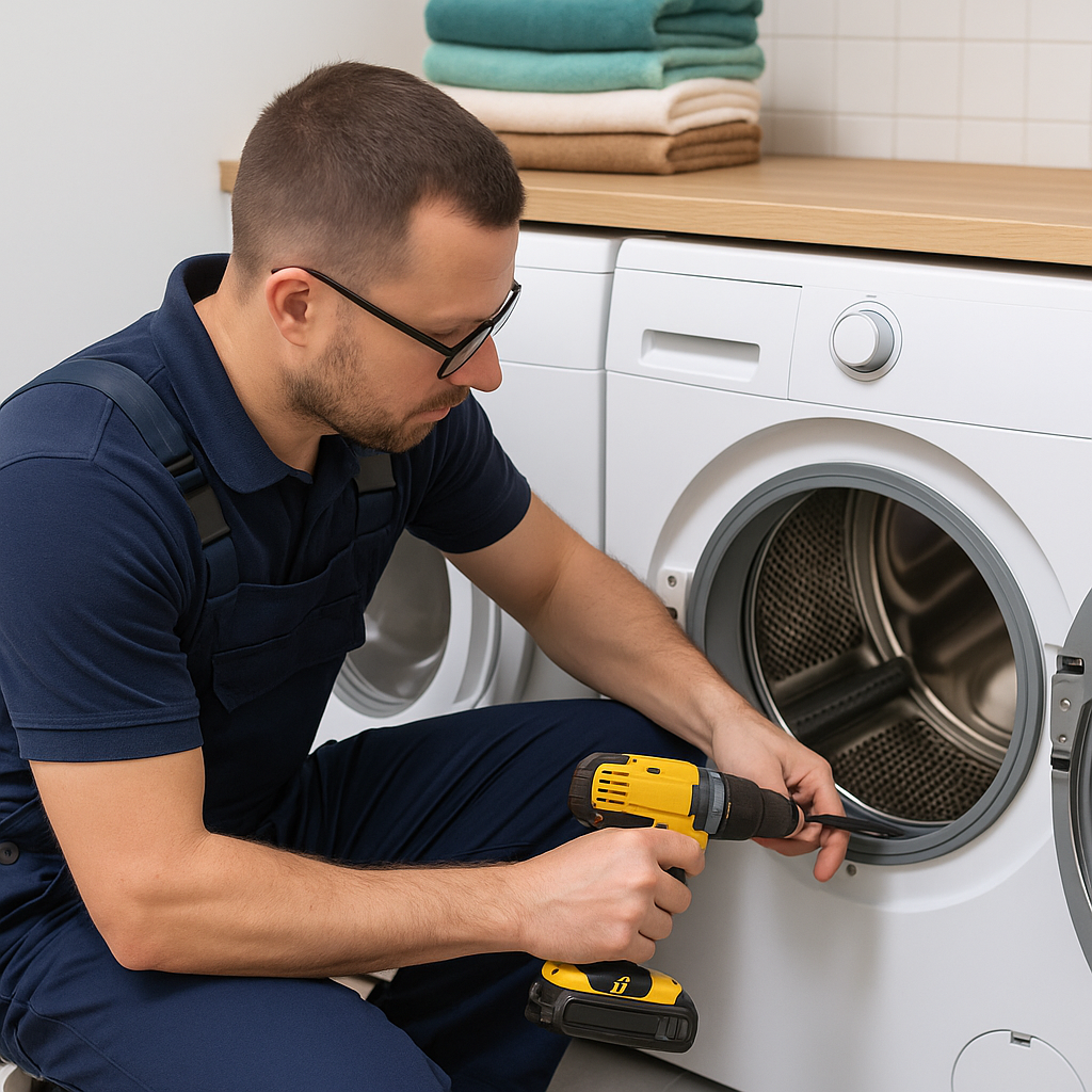 Engineer fixing tumble dryer in Worthing home