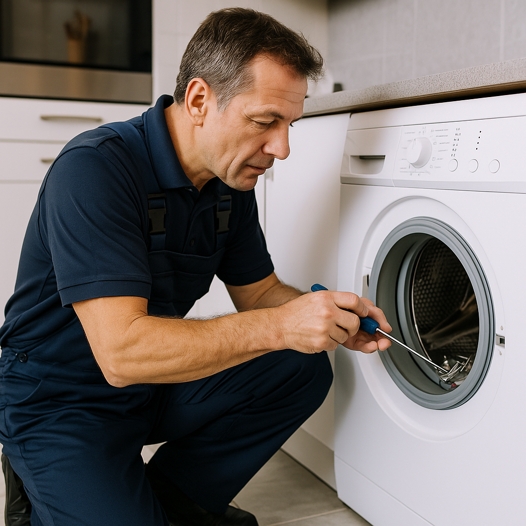 Engineer repairing washing machine in Worthing home