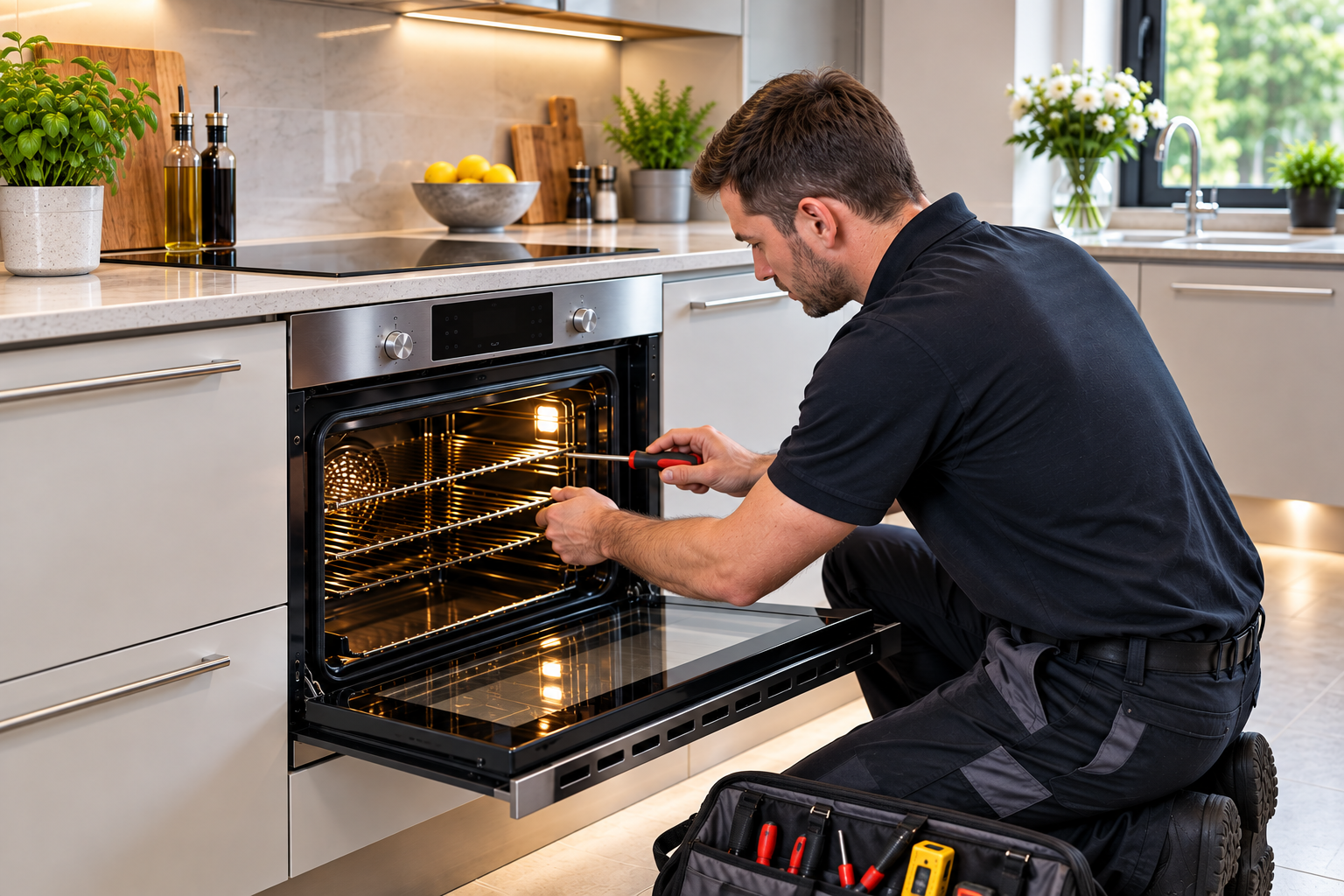 Appliance engineer repairing a cooker and oven in a modern kitchen