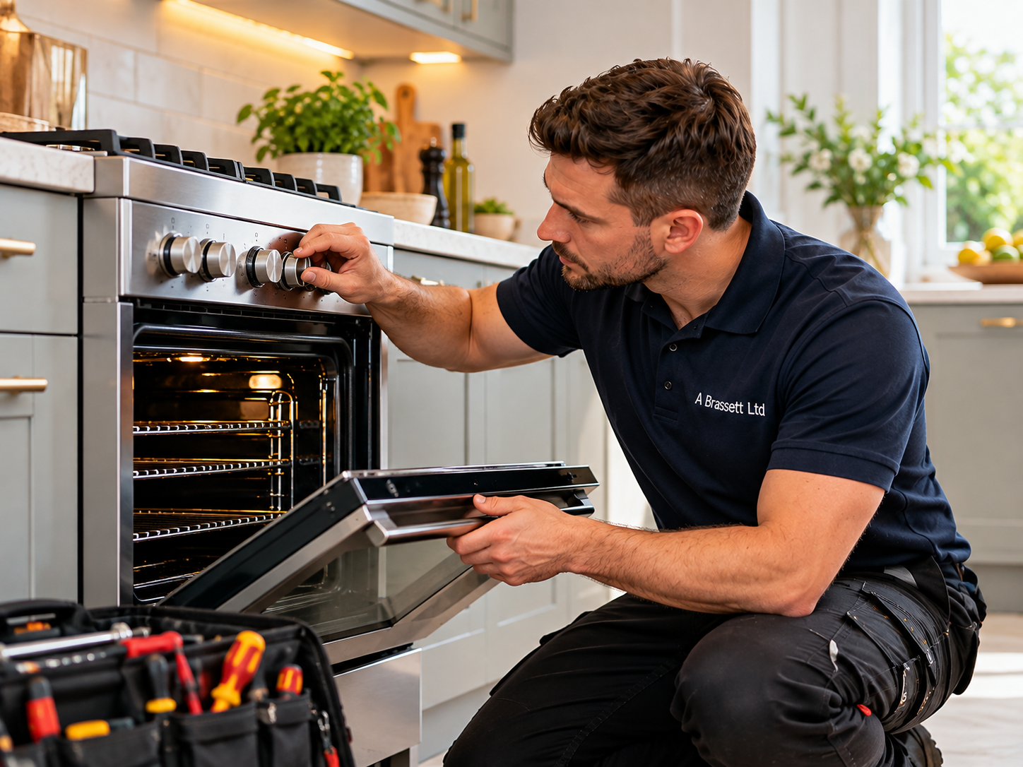 A Brassett engineer carrying out AEG cooker diagnostics in Orpington