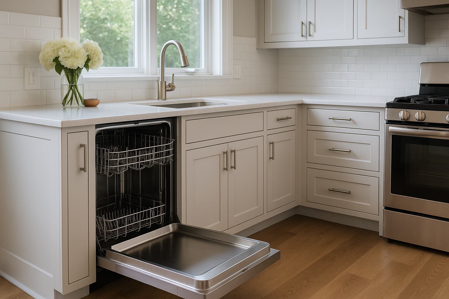 Clean modern kitchen with working dishwasher after repair