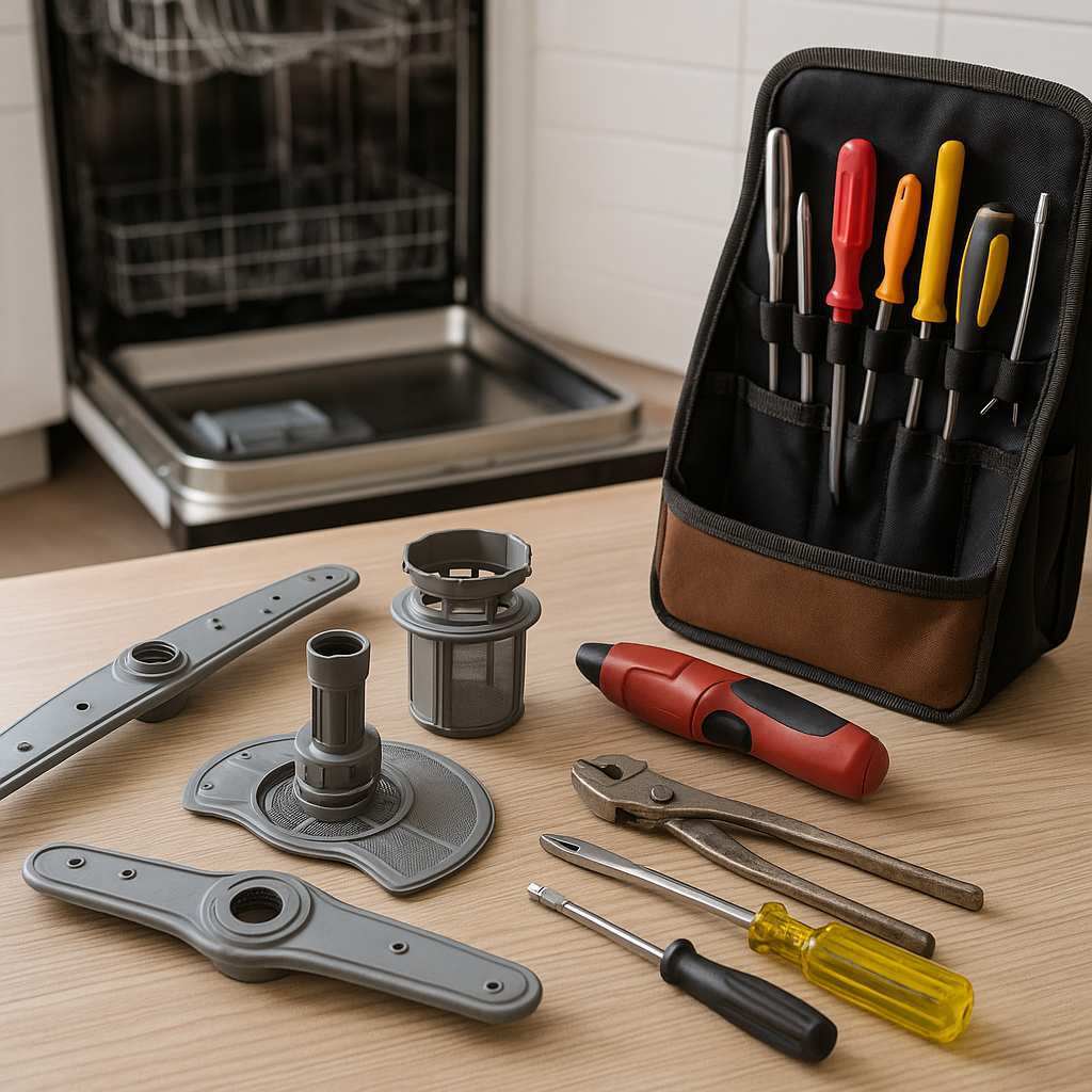 Dishwasher components and tools ready for repair