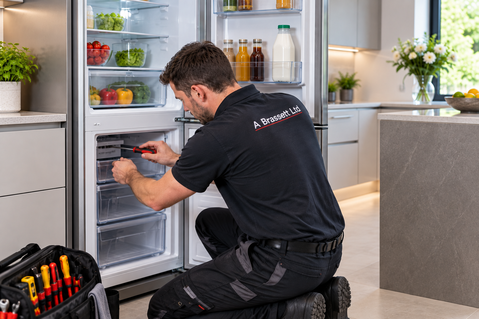 Appliance engineer repairing a fridge freezer in a modern kitchen