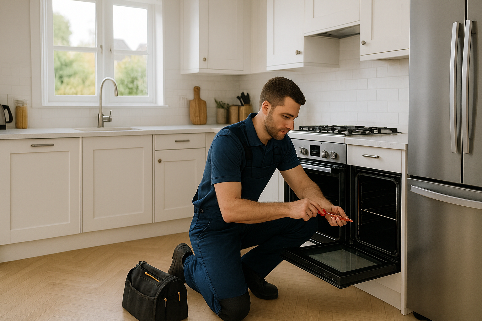 Appliance engineer repairing kitchen appliances in Maidstone home