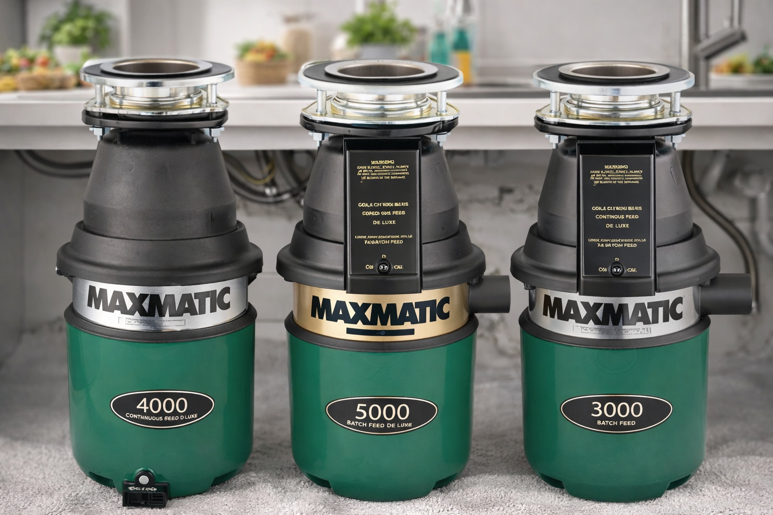 Engineer installing a Maxmatic food waste disposal under a kitchen sink