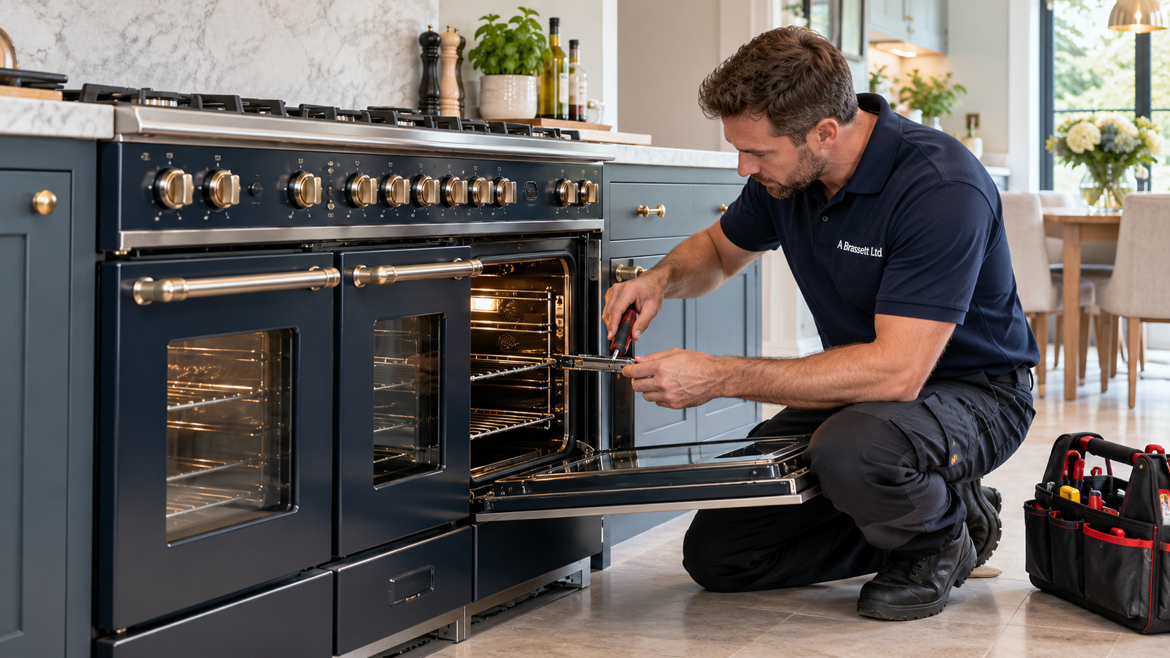 A Brassett engineer carrying out range cooker diagnostics in West Wickham