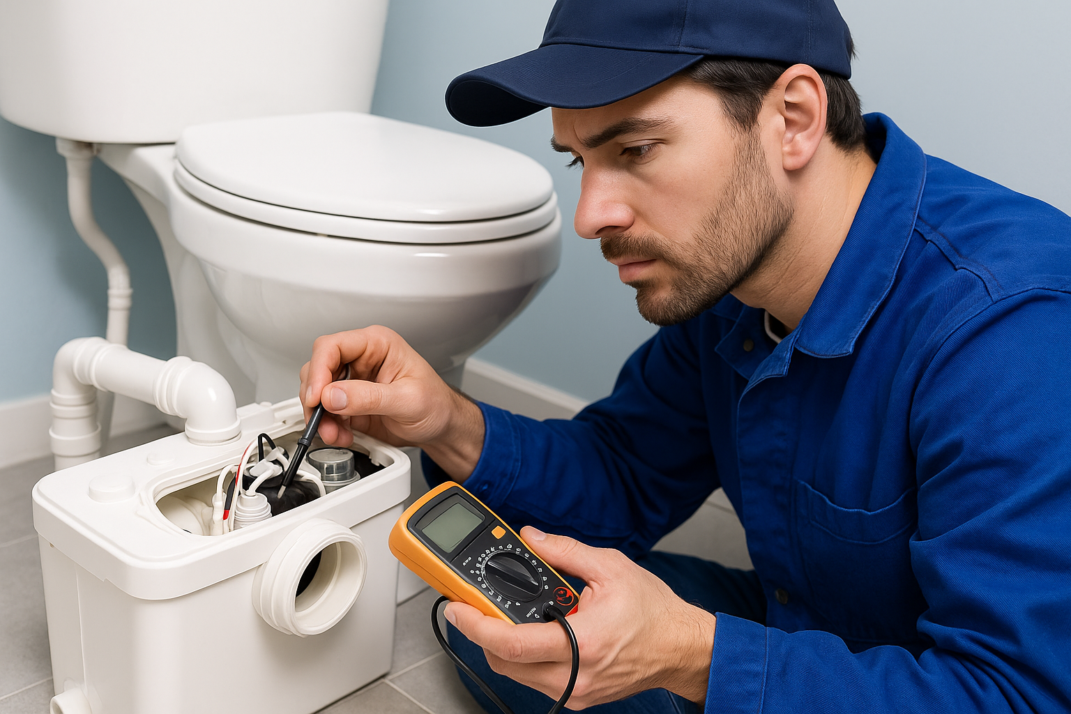 Engineer performing Saniflo fault diagnosis