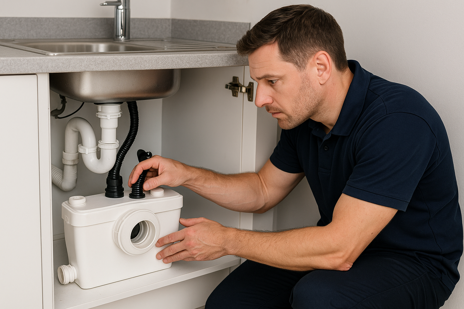 Engineer repairing a Saniflo macerator under a sink