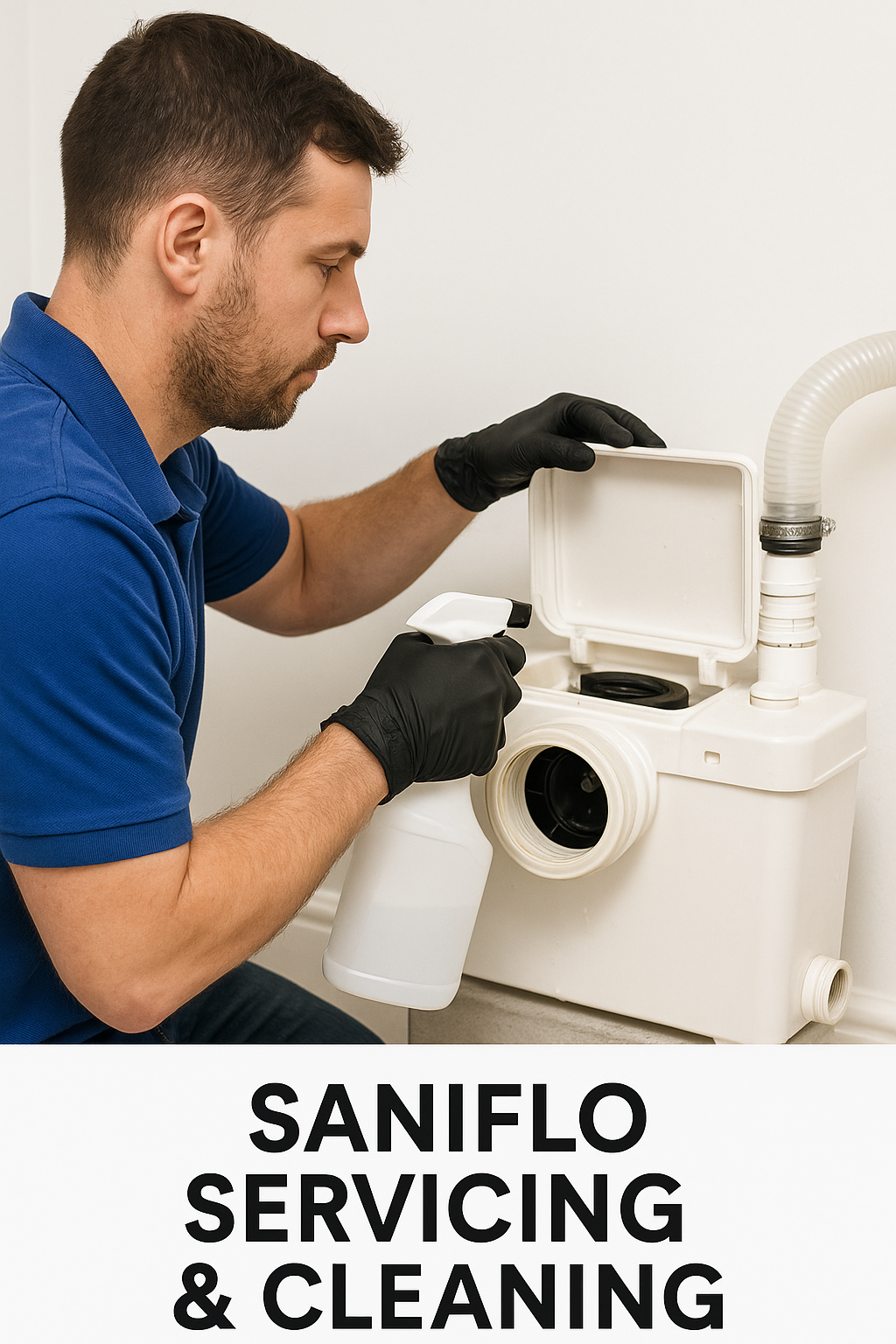 Technician servicing Saniflo macerator unit