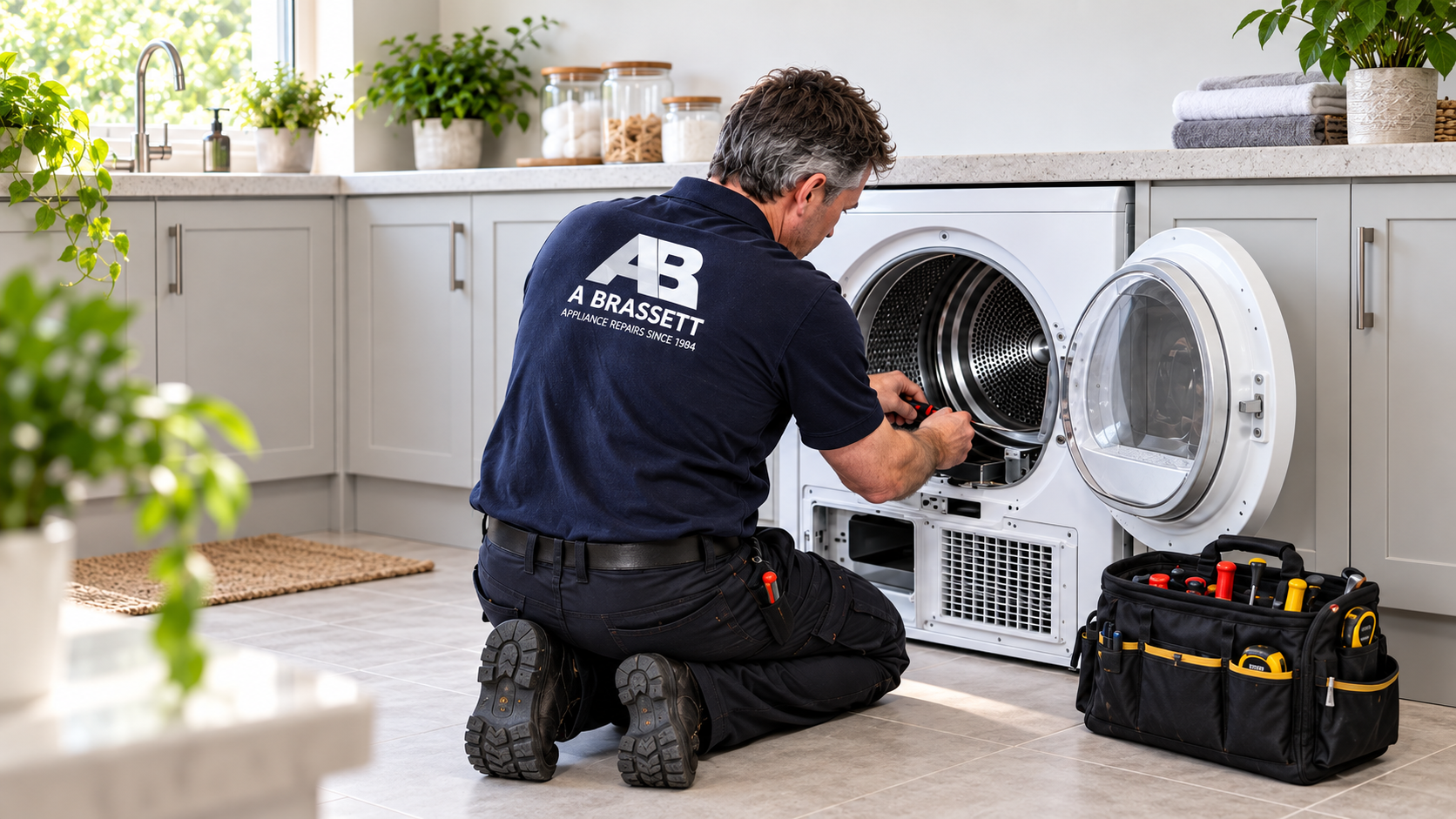 Appliance engineer repairing a tumble dryer in a modern kitchen