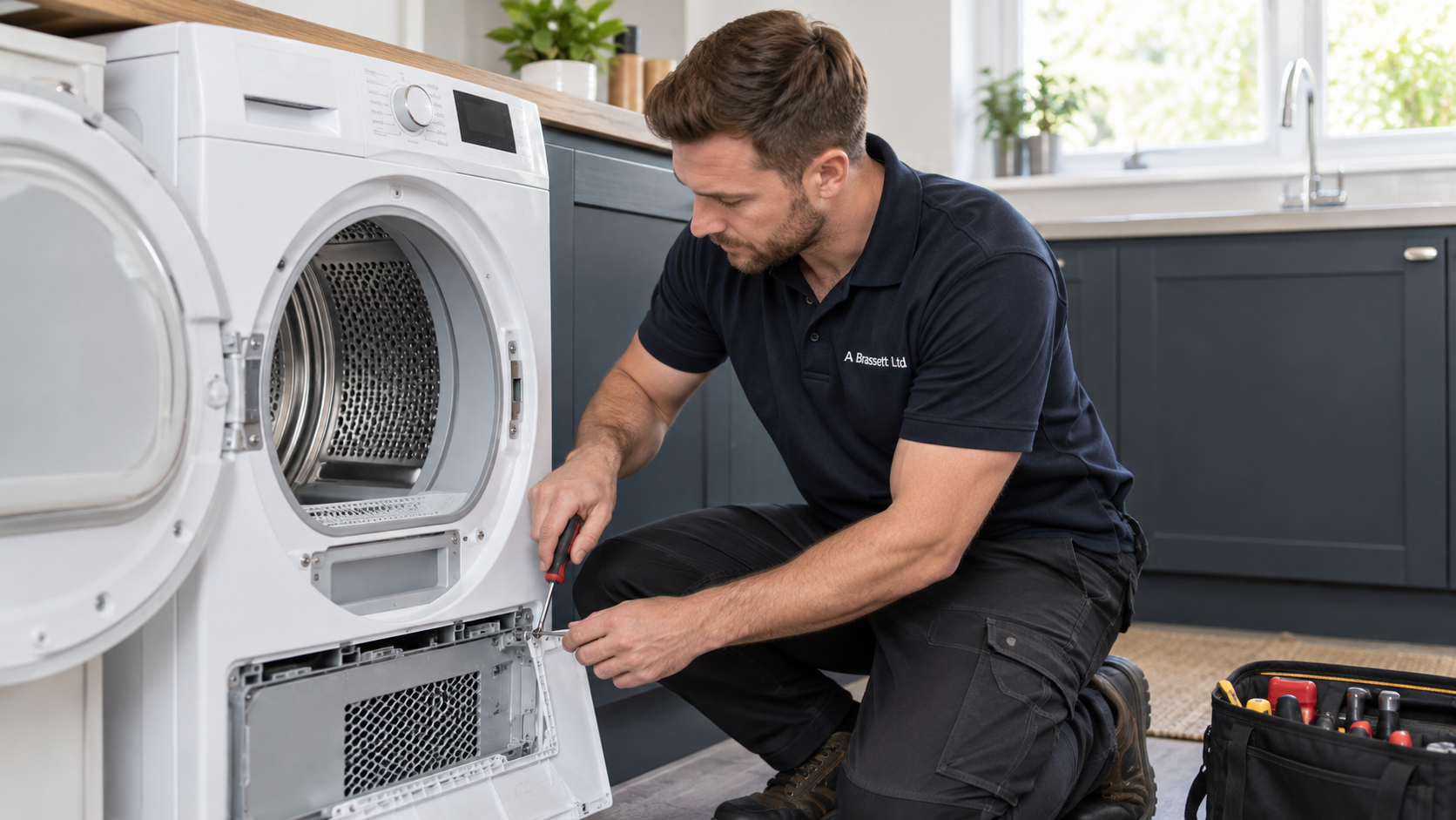 Appliance engineer working on a tumble dryer