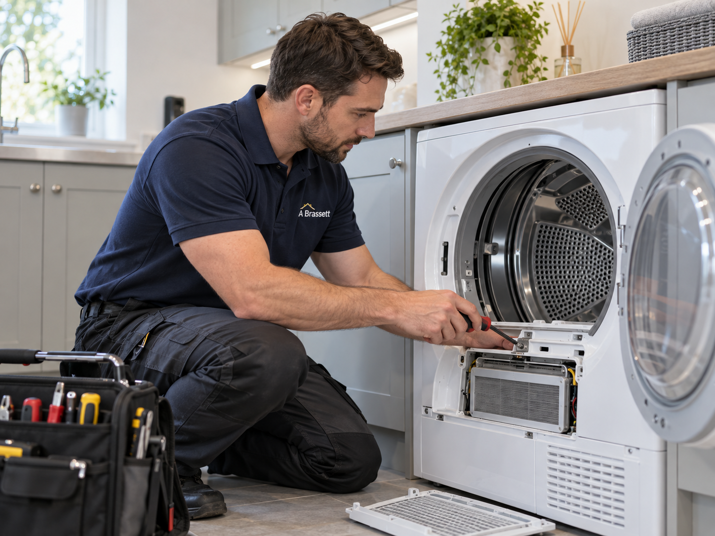 A Brassett tumble dryer repair engineer