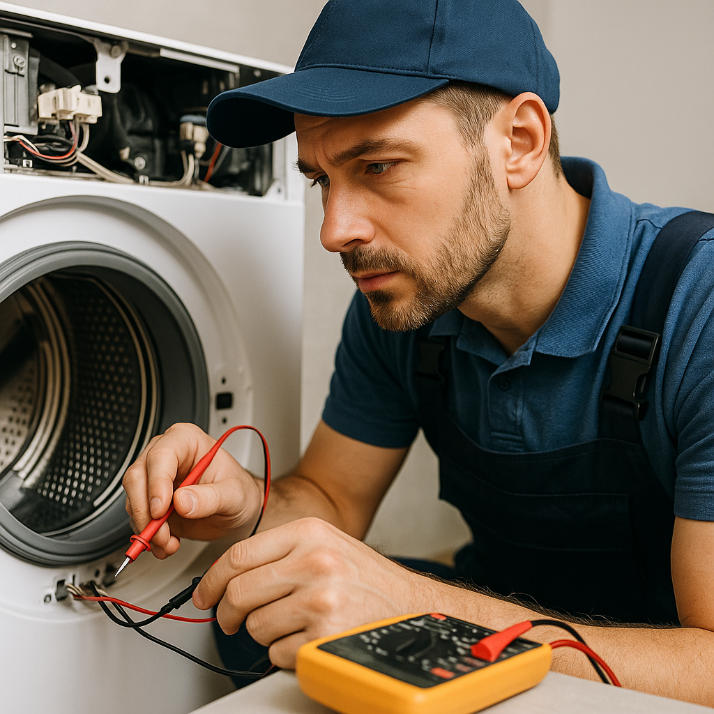 A Brassett Ltd engineer diagnosing washing machine fault