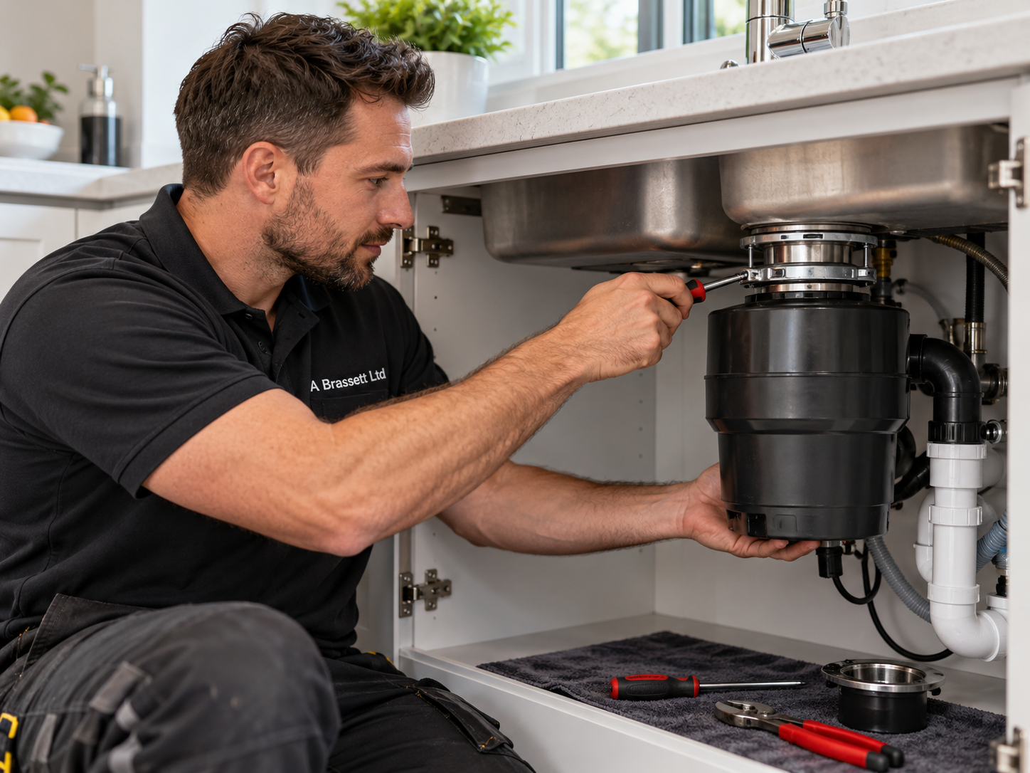 A Brassett engineer repairing a food waste disposal unit