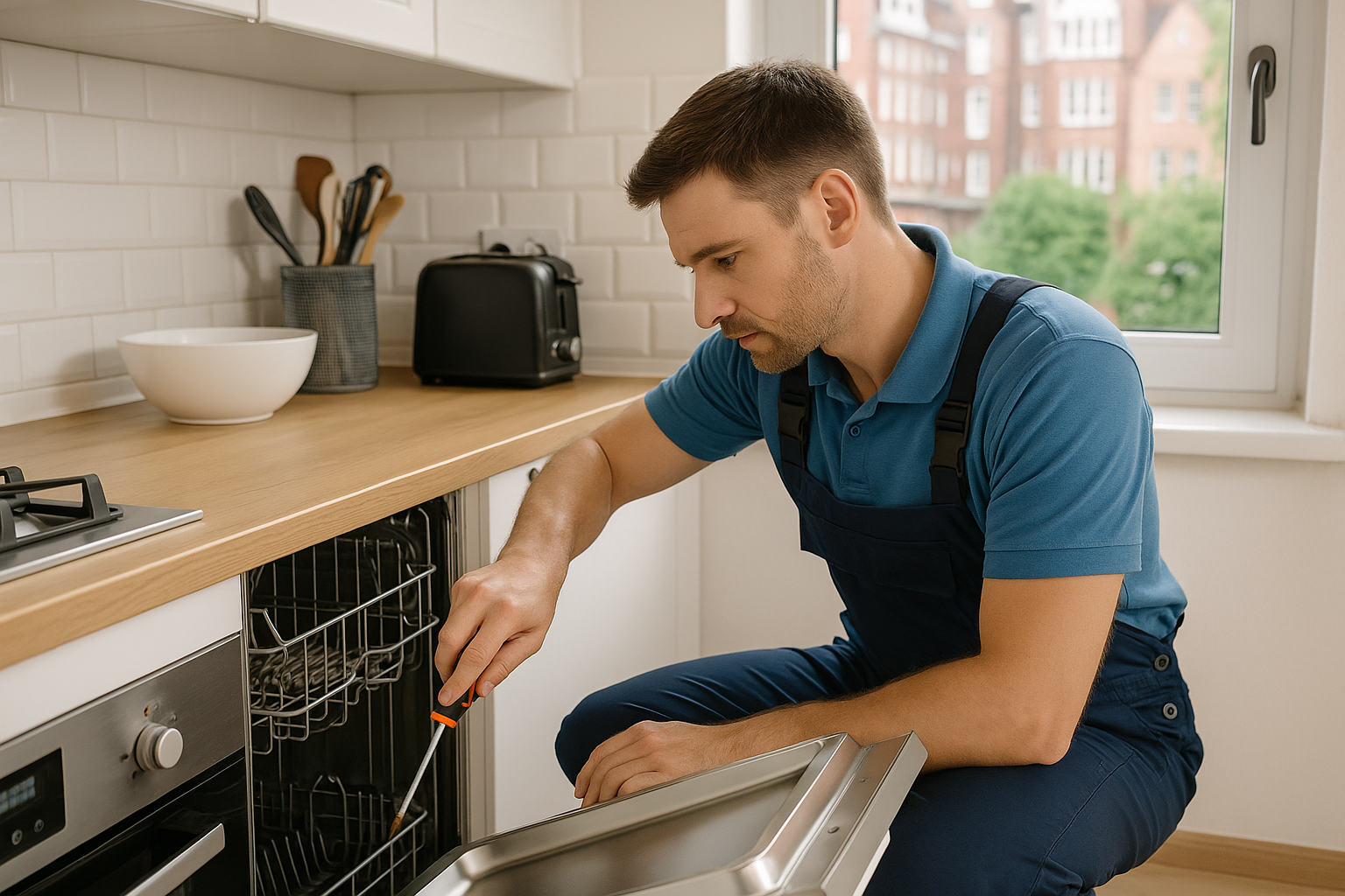Appliance engineer repairing kitchen appliances in Wimbledon